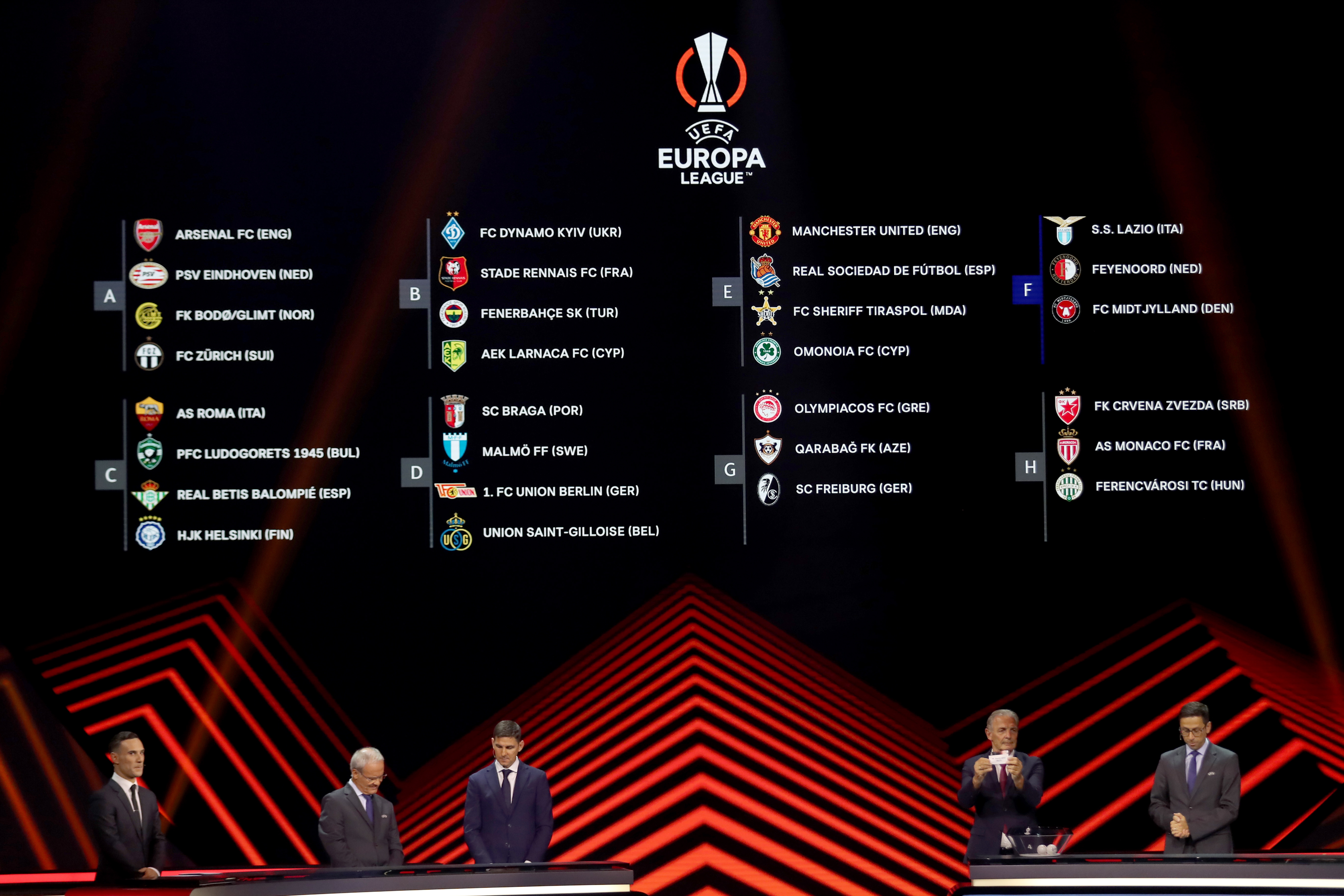 Istanbul (Turkey), 26/08/2022.- The groups are shown on an electronic panel during the UEFA Europa League group stage draw 2022/23 in Istanbul, Turkey, 26 August 2022. (Turquía, Estanbul) EFE/EPA/SEDAT SUNA