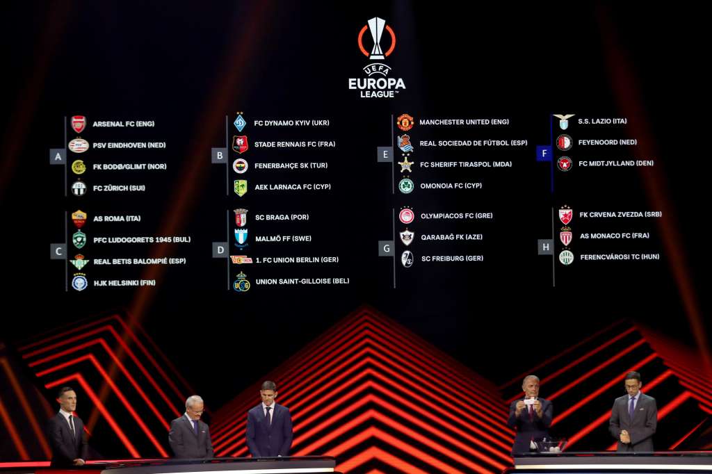 Istanbul (Turkey), 26/08/2022.- The groups are shown on an electronic panel during the UEFA Europa League group stage draw 2022/23 in Istanbul, Turkey, 26 August 2022. (Turquía, Estanbul) EFE/EPA/SEDAT SUNA